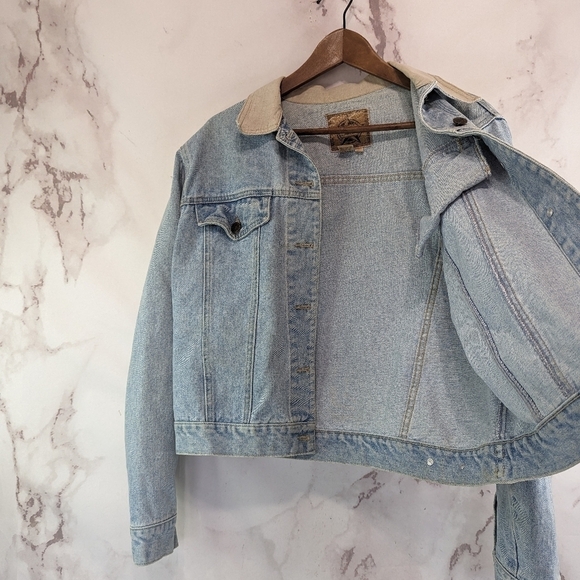 Vintage Denim Jacket Women Large Jean 80s 90s Y2K Linen Collar Light Wash Crop - Picture 13 of 14